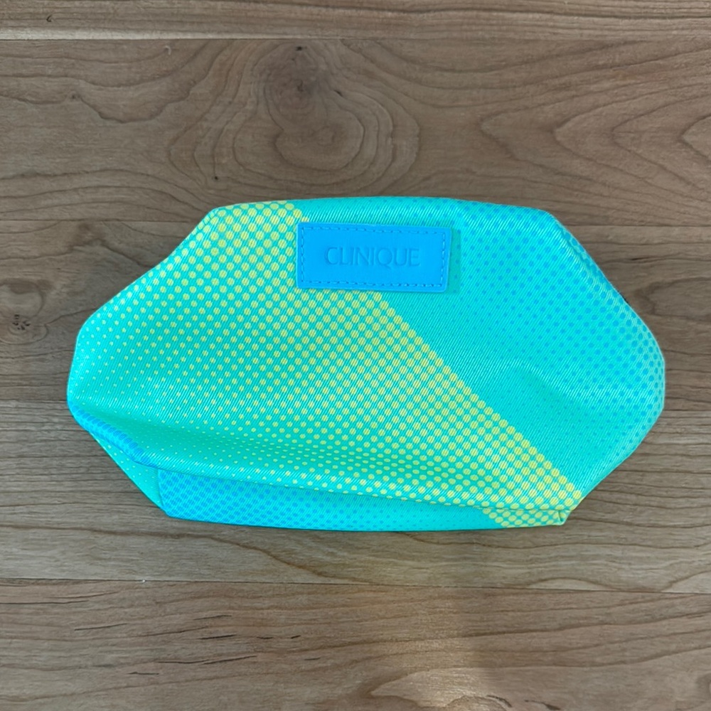 Blue and green Clinique cosmetic bag.